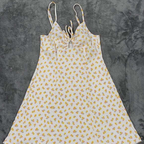 Billabong Ribbed Floral Mini Dress L Sunny Yellow Tie Front Spaghetti Strap EUC - Picture 1 of 5